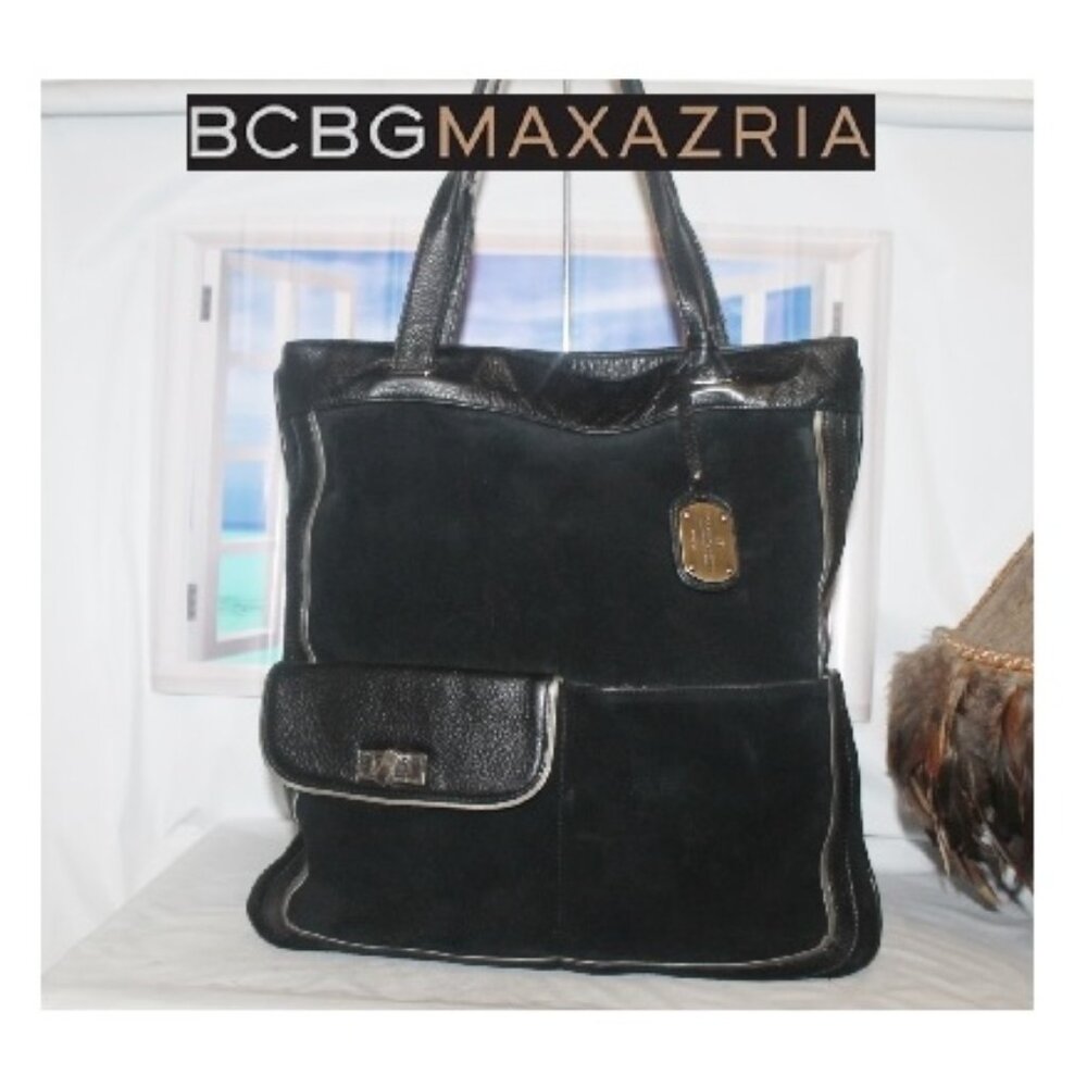 $495 BCBGMAXAZRIA Black Suede Leather Shopper Tote Shoulder Bag Purse w Hang Tag